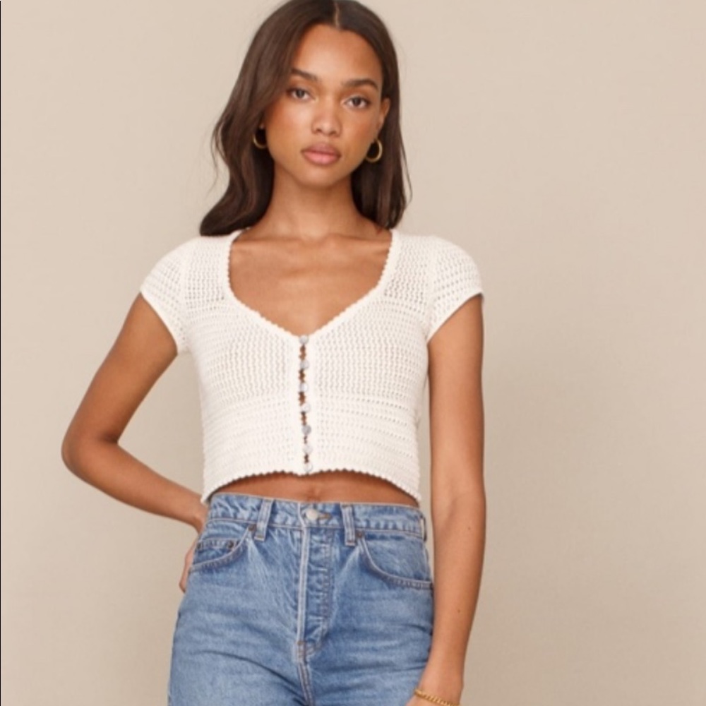 Reformation Ivory Cropped Crochet Button-Front Top